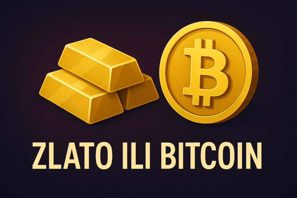 Zlato ili Bitcoin kao čuvari vrednosti – zlatne poluge i Bitcoin novčić na tamnoj pozadini